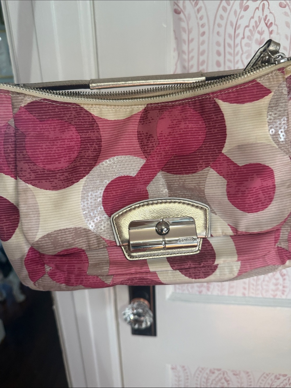Coach Pink Pattern Logo Shoulder Bag with Metallic Strap - Picture 2 of 7